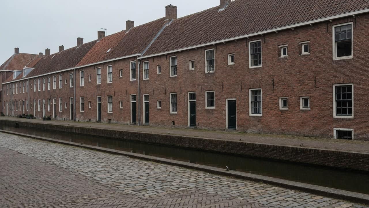 Oude muurhuizen langs een smalle gracht met een geklinkerde kade