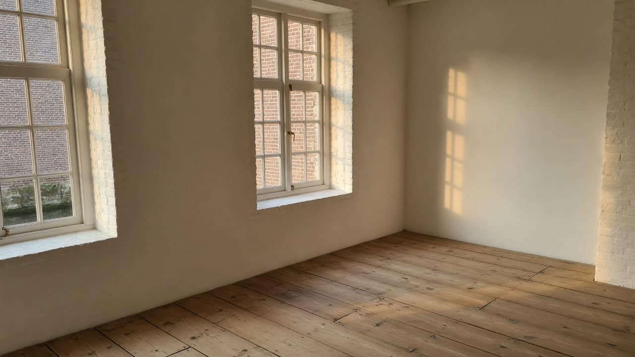 Lege kamer met twee ramen in dik metselwerk en kale vloerdelen, in laag namiddaglicht