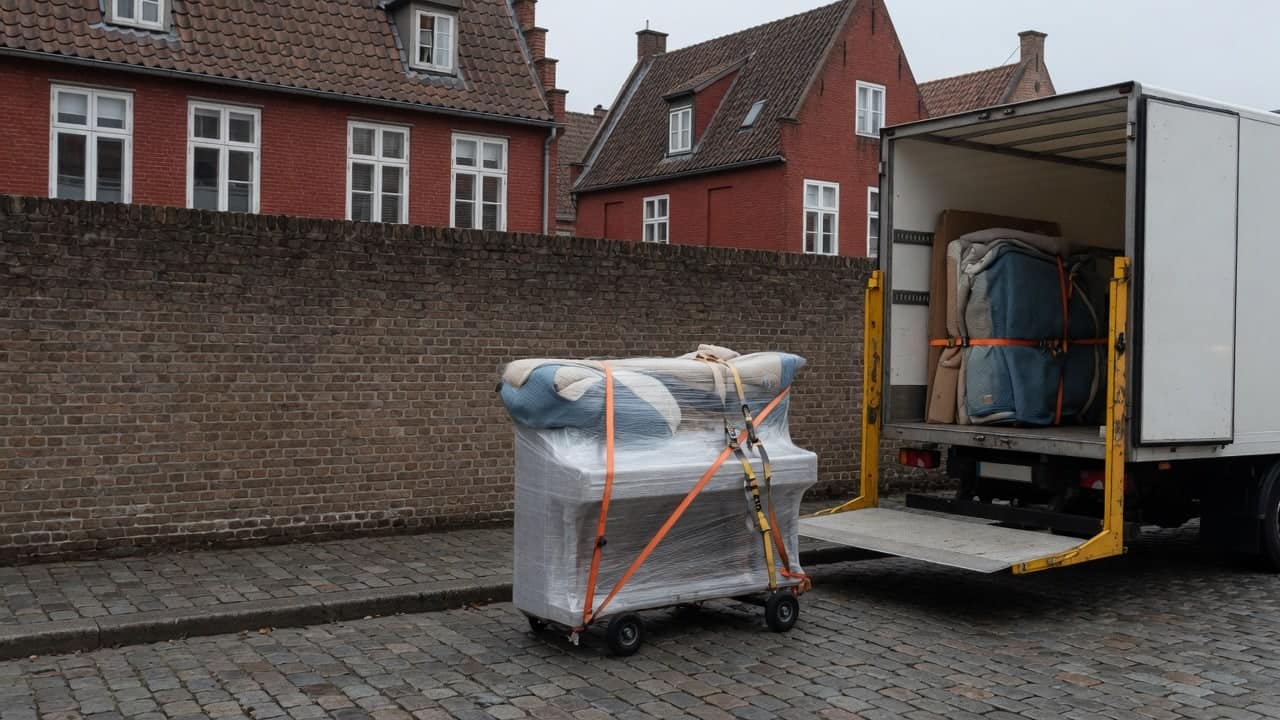 In folie verpakte piano op een rijplank naast de open laadklep van een bakwagen