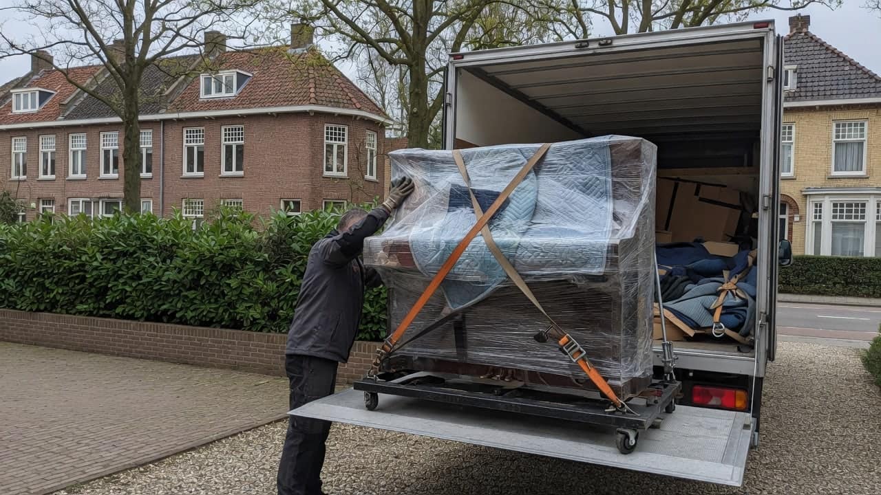 Ingepakte piano op de laadklep van een bakwagen, een verhuizer houdt hem tegen