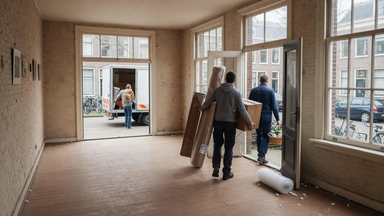Verhuizers dragen de laatste inboedel uit een leeggehaalde kamer naar de wagen