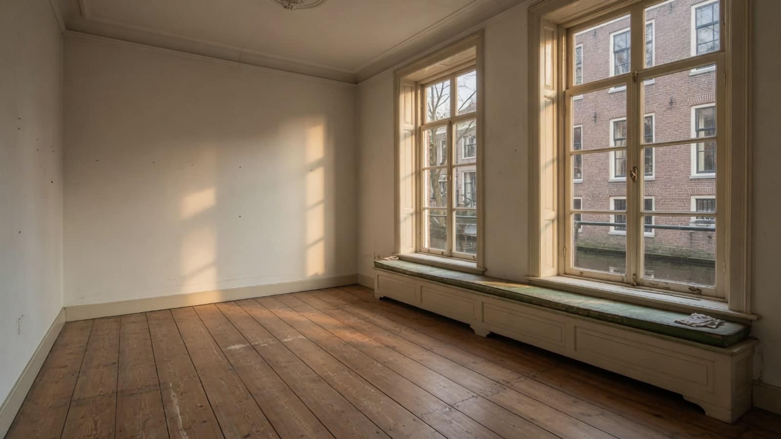 Lege kamer met hoge kozijnen en oude vloerdelen, in late zon