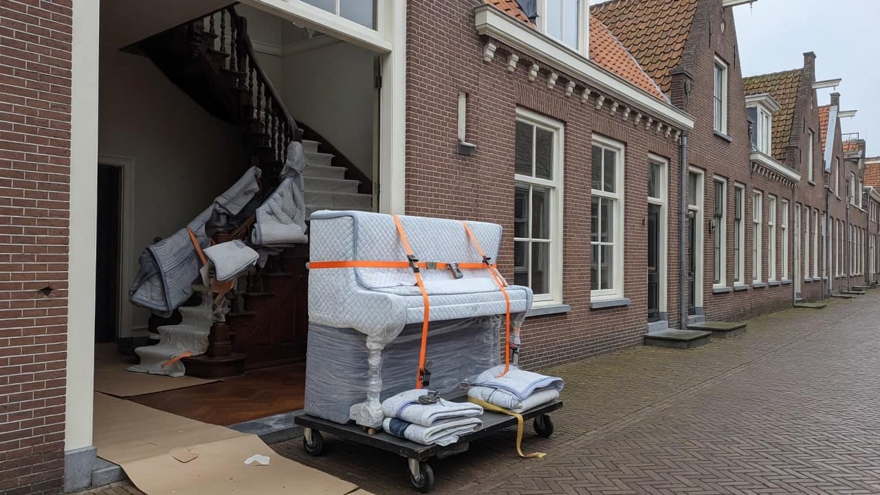 Met dekens ingepakte piano op een rijplank voor een oud pand, trap zichtbaar door de open deur