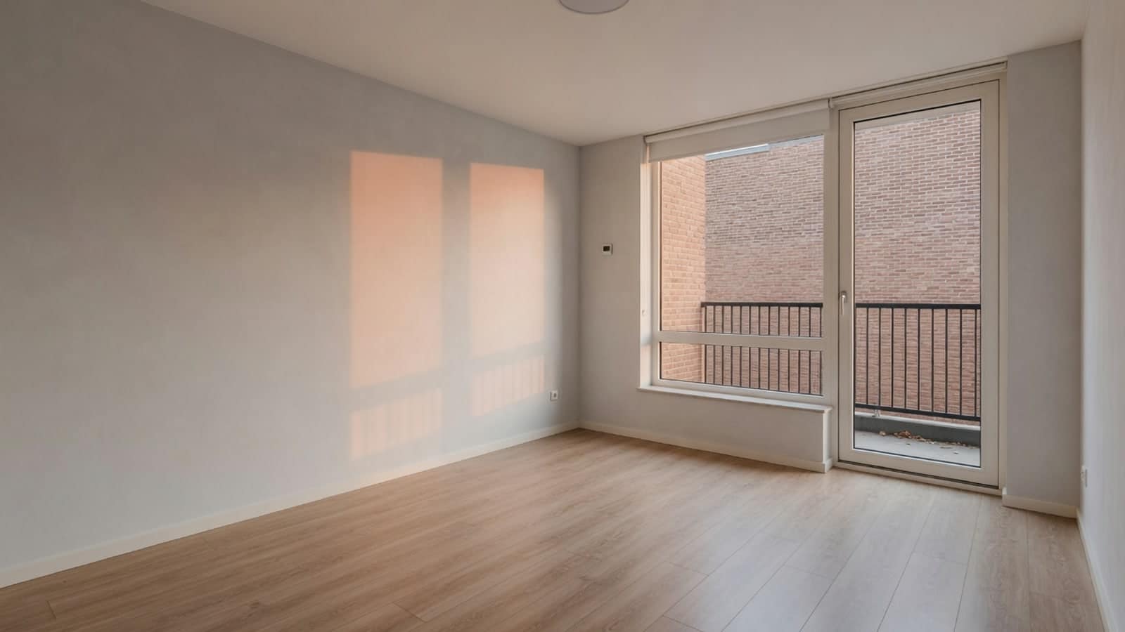 Leeg appartement met schuifpui, in warm licht aan het eind van de middag