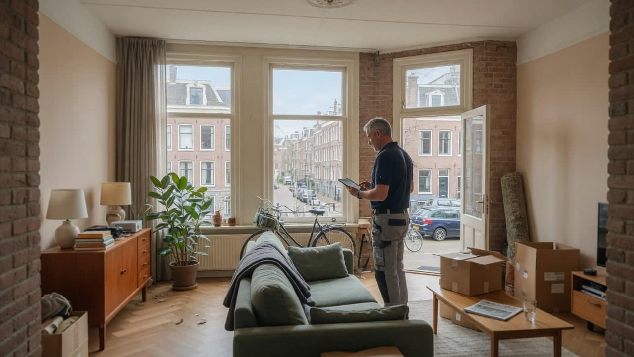 Opnemer met een tablet in een bewoonde woonkamer, bezig de inboedel in te schatten