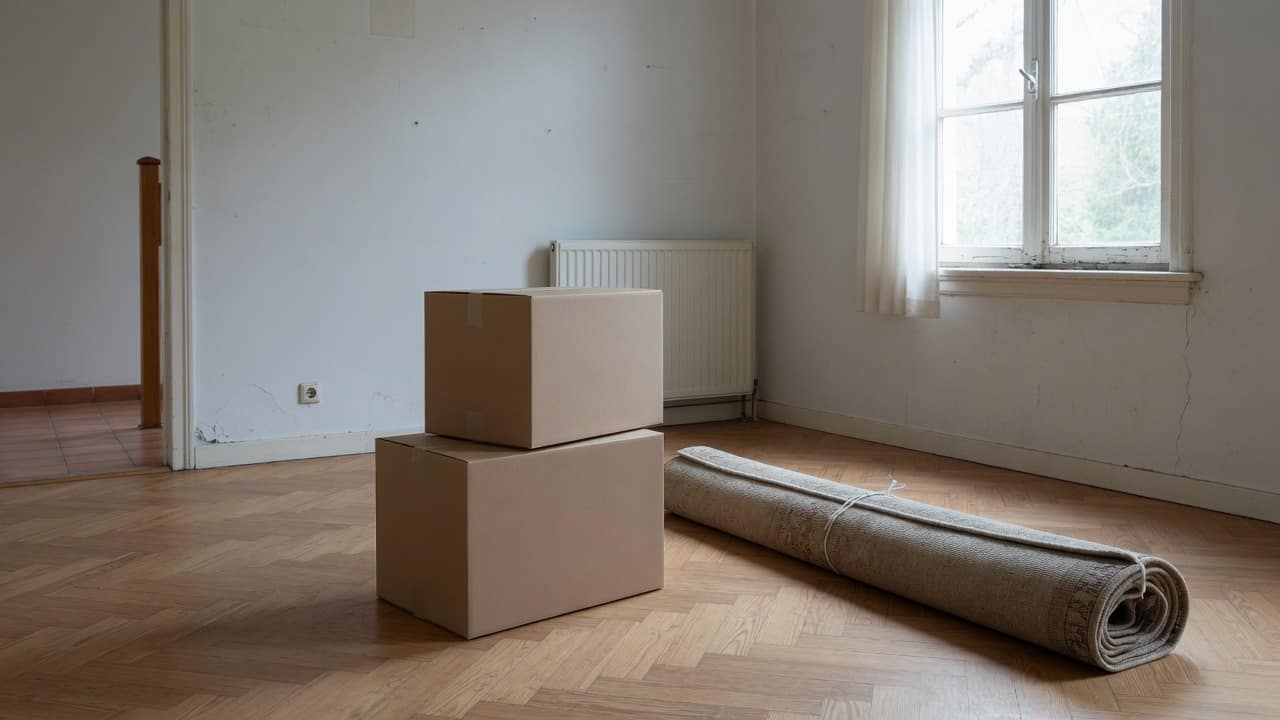 Bijna leeggeruimde woonkamer met houten vloer, twee verhuisdozen en een opgerold vloerkleed