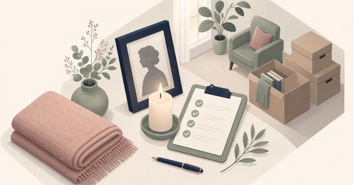 Ingetogen illustratie met een brandende kaars, een ingelijste portretfoto, een opgevouwen plaid en een checklist naast ingepakte dozen