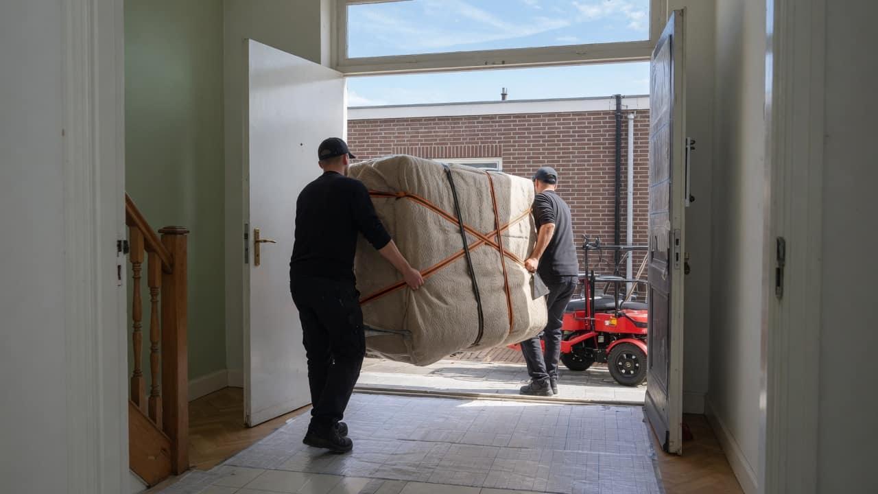 Twee verhuizers dragen een in dekens gewikkelde kast door een deuropening, over beschermfolie