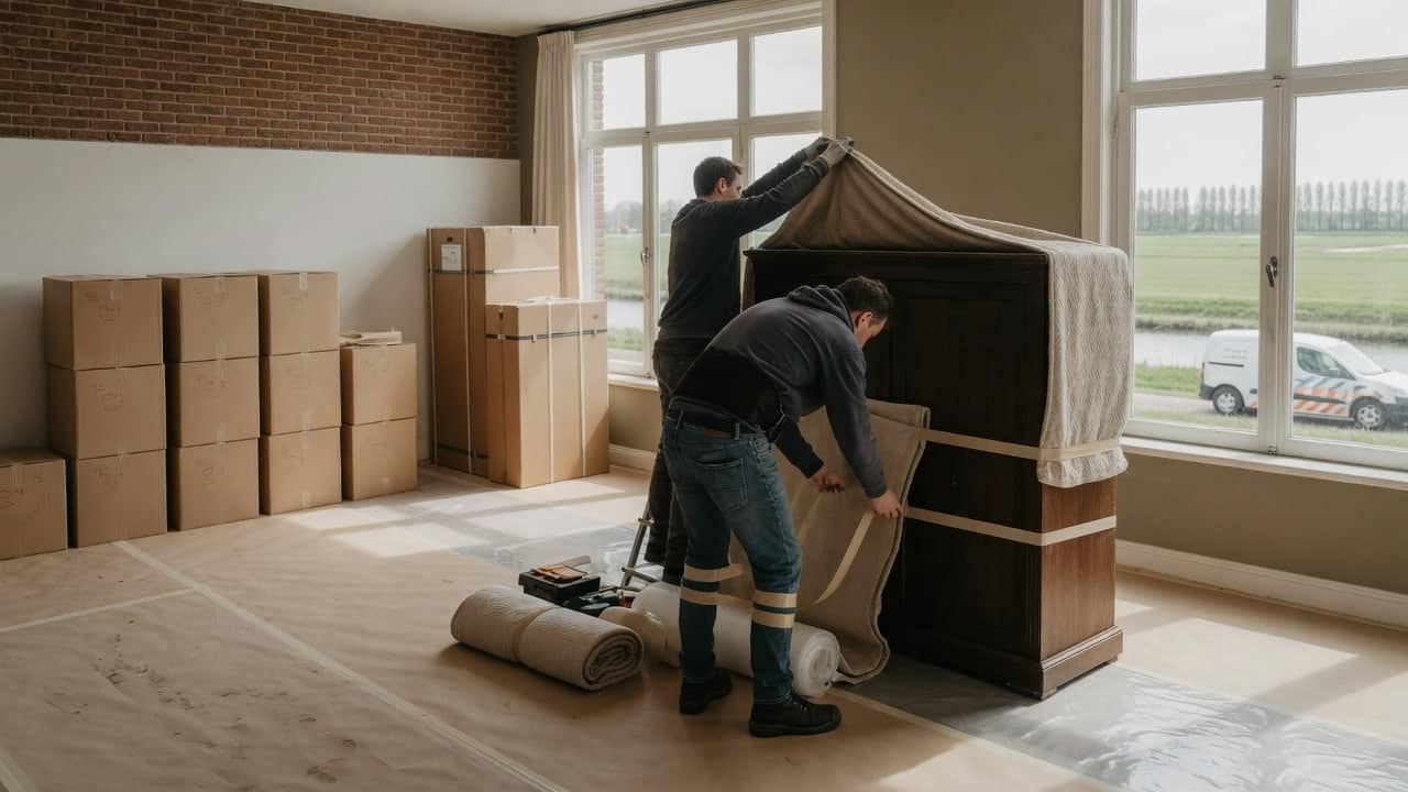 Twee verhuizers pakken een kast in met beschermdekens, vloerbescherming uitgelegd