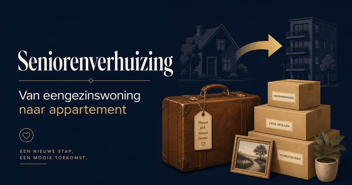 Seniorenverhuizing: vintage koffer en gelabelde verhuisdozen met pijl van eengezinswoning naar appartement