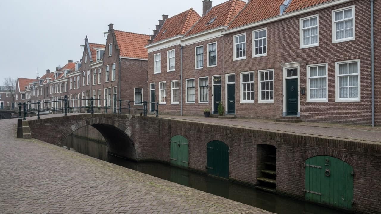 Bakstenen kademuur langs een gracht met kelderdeuren op het water