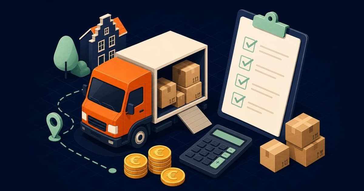 Illustratie van een verhuiswagen met dozen bij een Amsterdams grachtenpand, met euromunten, een rekenmachine en een checklist