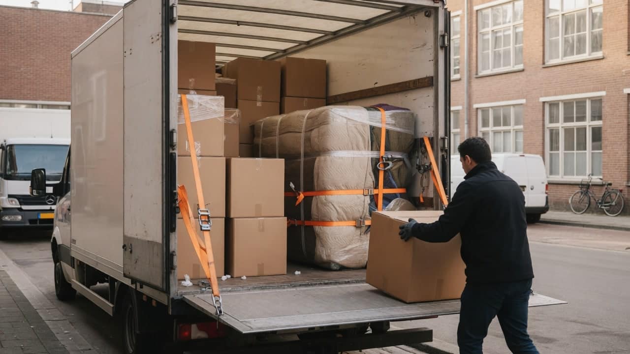 Dozen en in dekens verpakte meubels gezekerd met spanbanden in de laadbak