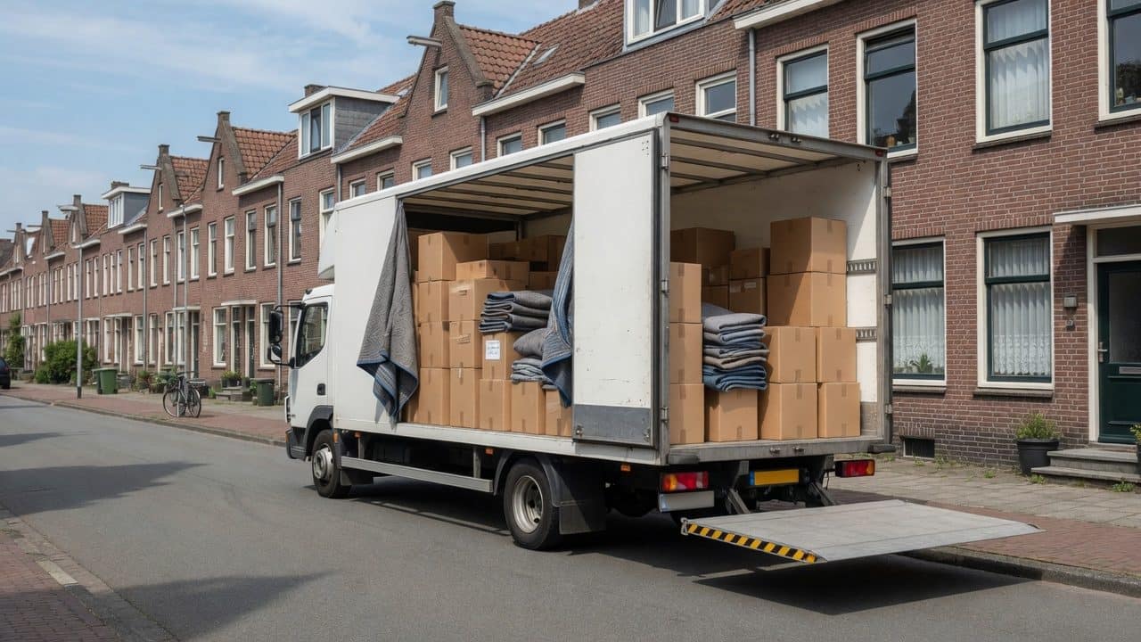 Bakwagen met neergelaten laadklep in een woonstraat, laadbak vol dozen en verhuisdekens