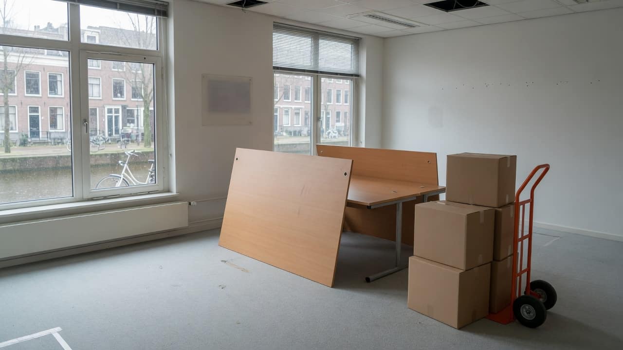 Kantoorruimte tijdens een verhuizing: gedemonteerde bureaus en dozen op een steekwagen